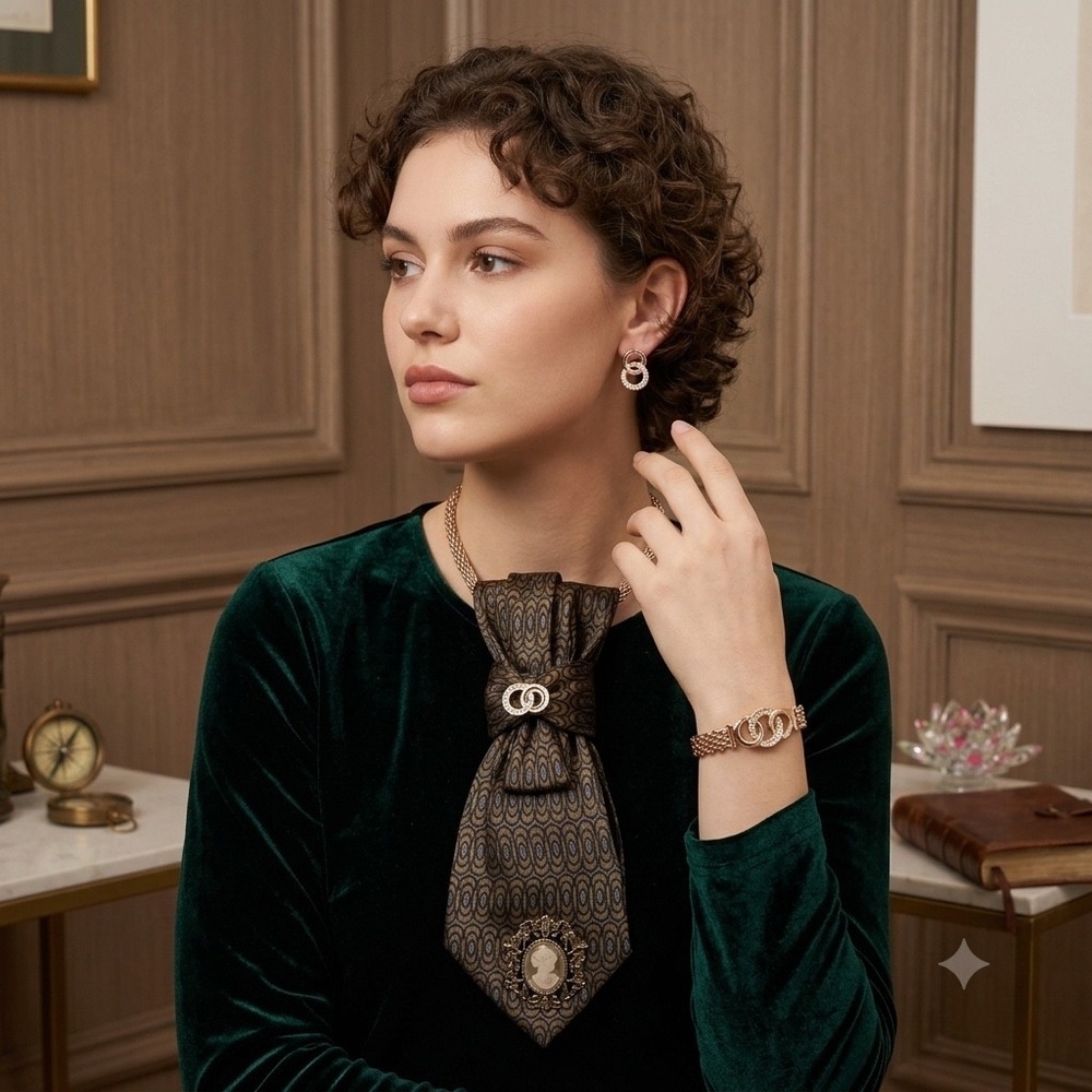 Alfani Silk Italian Tie Statement Necklace Cameo Brooch Gold Tone Jewelry Set